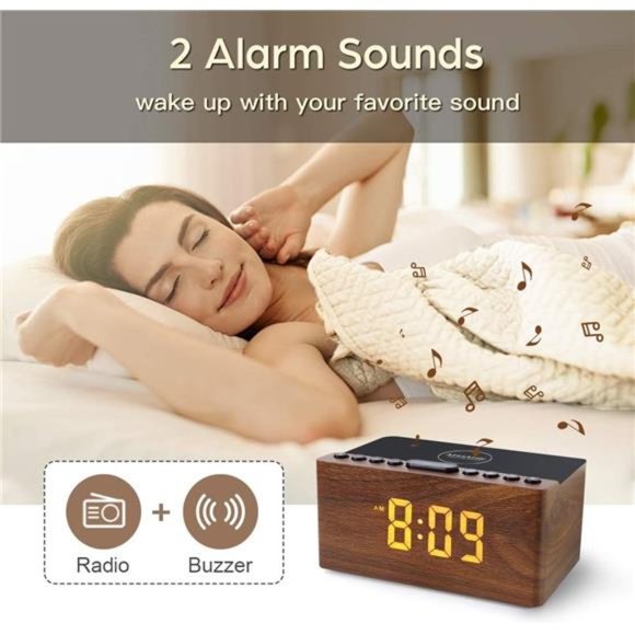 Wooden Digital Alarm Clock FM Radio, Fast Wireless Charger Station for iPhone - Picture 6 of 6